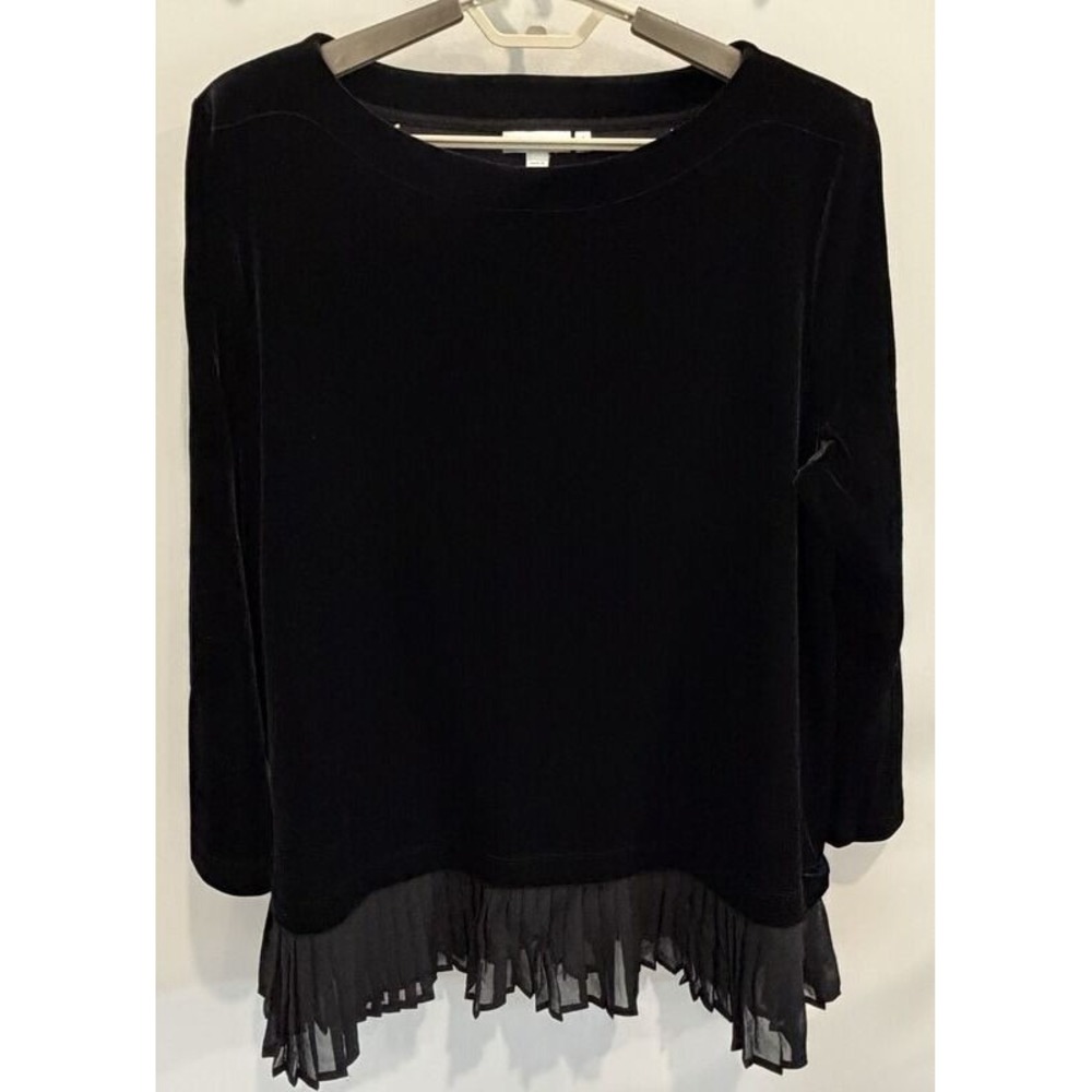 Chicos Black Velvet Sheer Pleated Trim Long Sleeve Tunic Shirt Size 3 XL